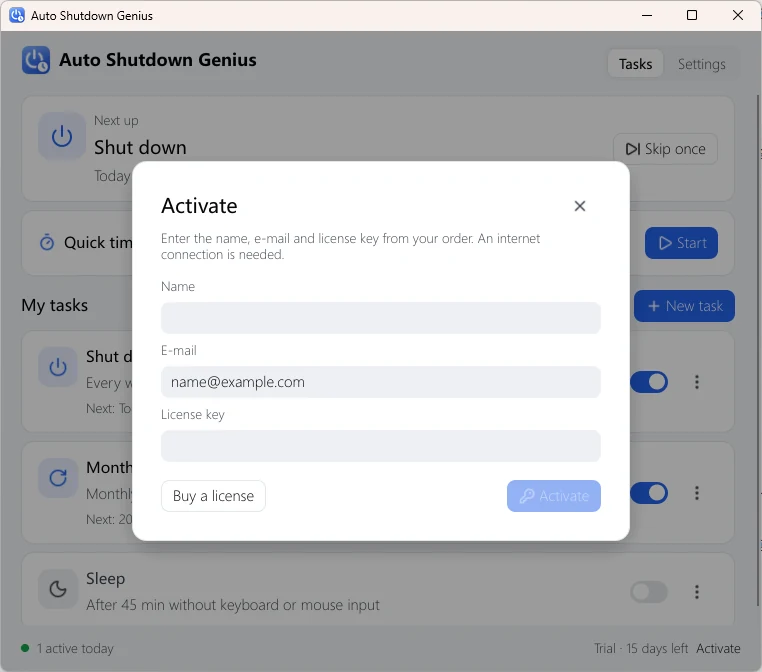 Auto Shutdown Genius activation window with Name, E-mail and License key fields