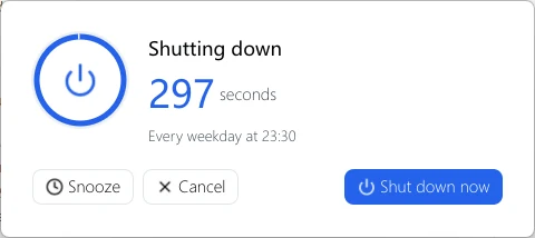 Auto Shutdown Genius countdown window with Snooze, Cancel and Shut down now buttons
