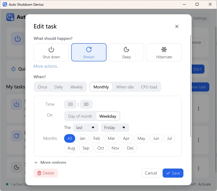 Auto Shutdown Genius task editor for a monthly restart at 03:00 on the last Friday of every month, with a plain-language summary at the bottom