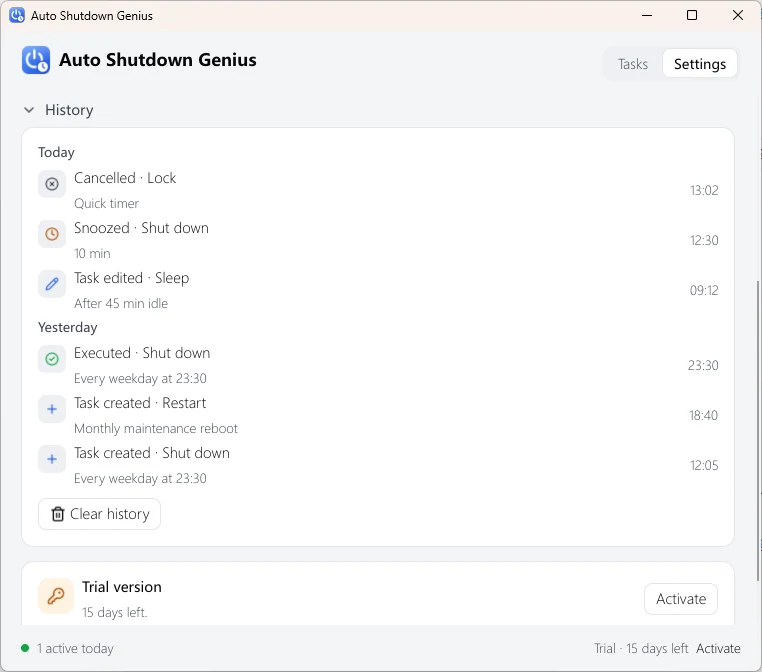 Auto Shutdown Genius History page listing what ran, was cancelled or snoozed, grouped by day