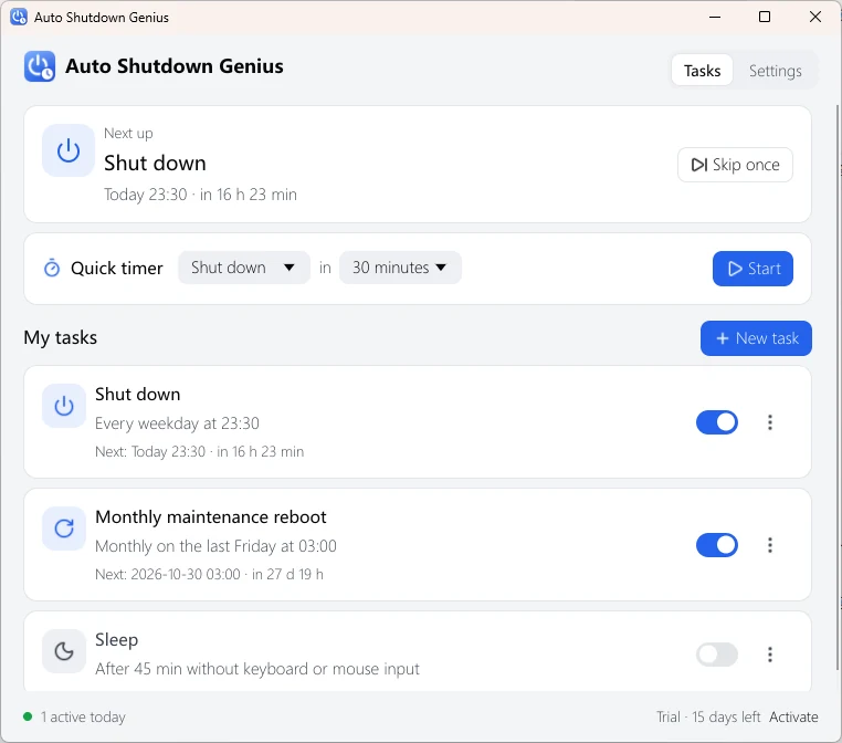 Auto Shutdown Genius main window: Next up shows Shut down today at 23:30, a quick timer, and the task list with a weekday shutdown, a monthly maintenance reboot and a sleep after idle