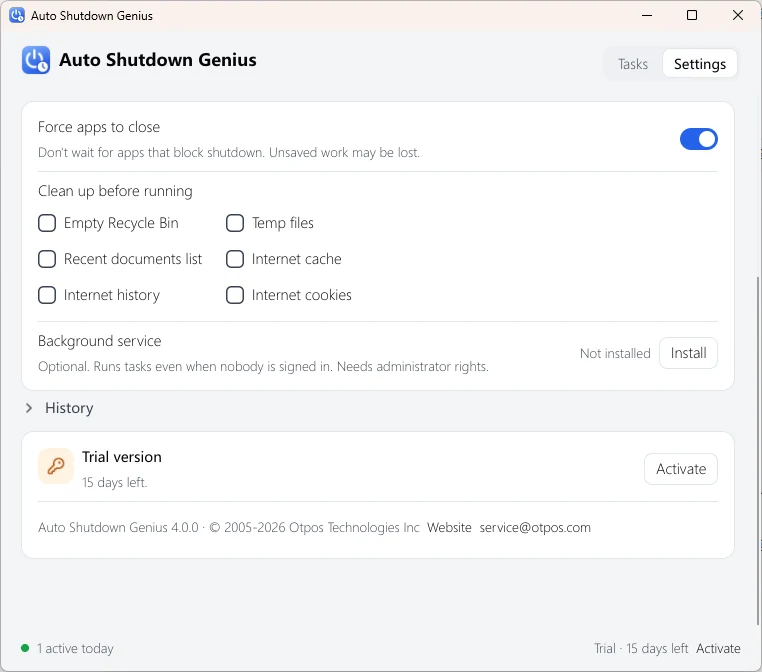 Auto Shutdown Genius advanced settings: Force apps to close, Clean up before running with a list of items, and the optional Background service