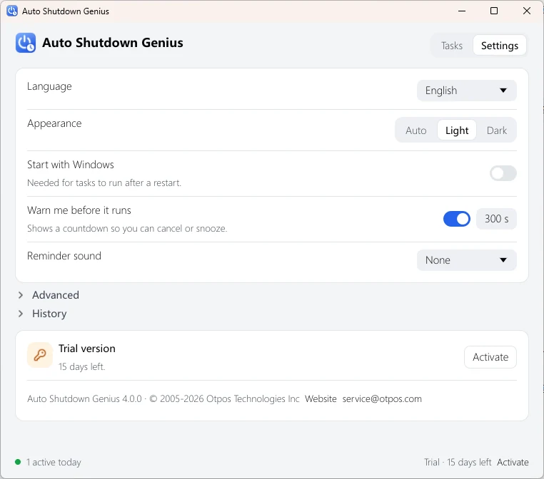Auto Shutdown Genius Settings: language, appearance, start with Windows, warn me before it runs with a countdown length, and a reminder sound