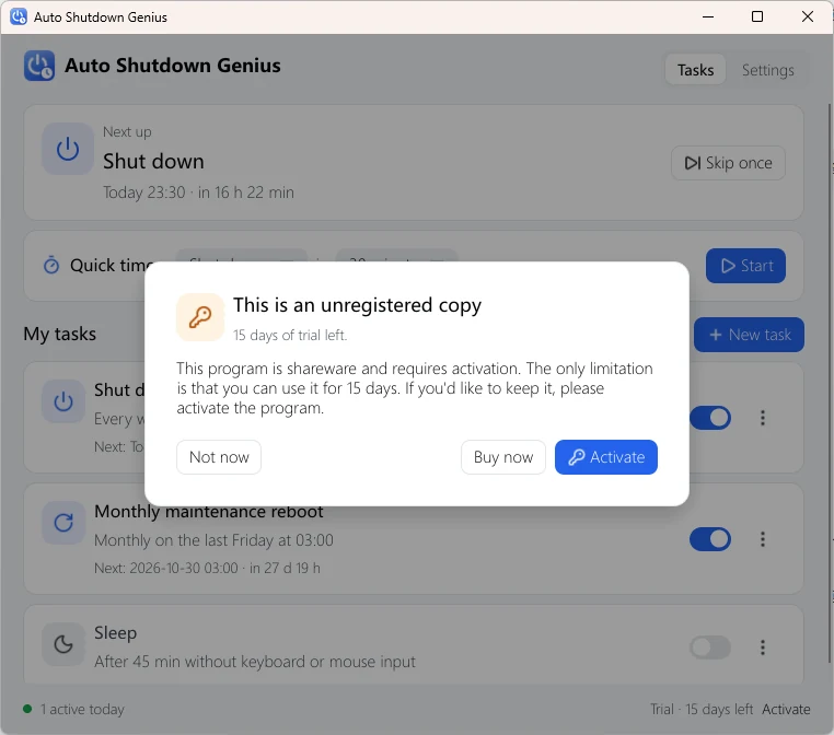 Auto Shutdown Genius unregistered reminder with Not now, Buy now and Activate