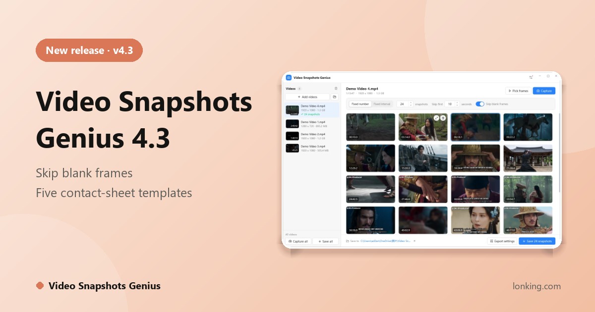 Video Snapshots Genius 4.3: Skip Blank Frames and Five Contact Sheet Templates