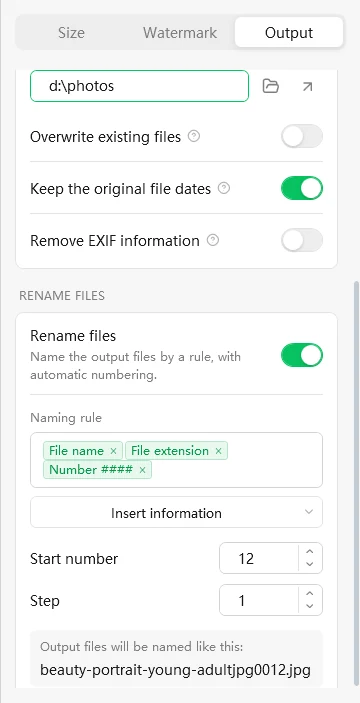 Picture Resize Genius Rename files section with a naming rule and a live example