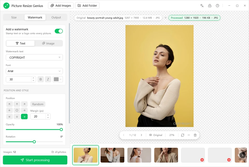 Picture Resize Genius Watermark tab with a COPYRIGHT text watermark, position grid, margin, opacity and rotation