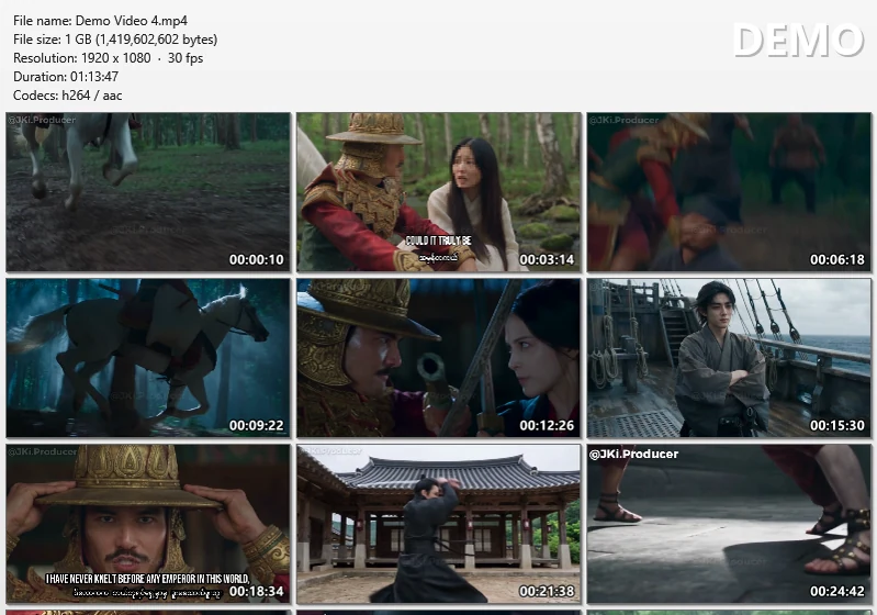 A contact sheet exported by Video Snapshots Genius in the Cinema template: a header with file name, size, resolution, duration and codecs, then a grid of snapshots with timecodes