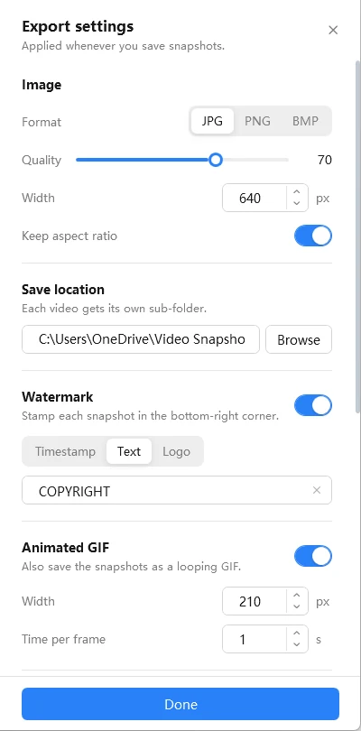 Video Snapshots Genius Export settings panel: image format JPG, PNG or BMP, quality, width, save location, watermark, animated GIF and contact sheet options