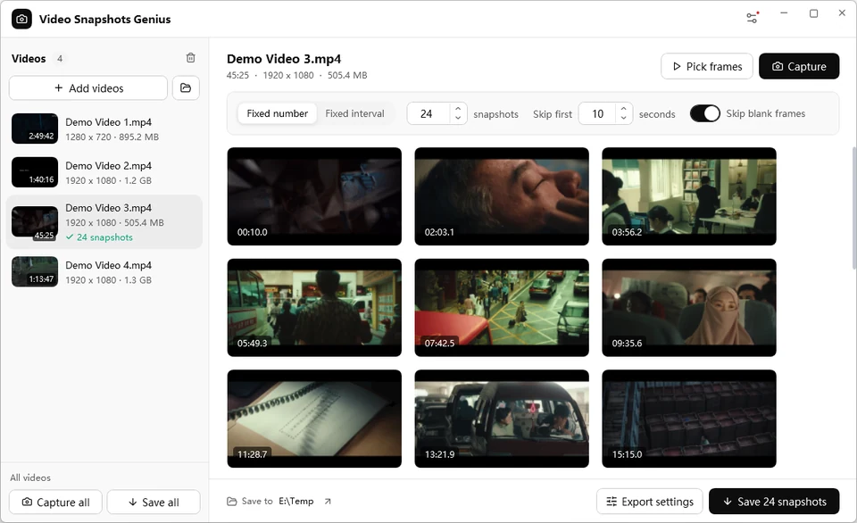 Video Snapshots Genius in the Black, White and Gray theme: a video list, the capture settings bar and a grid of snapshots