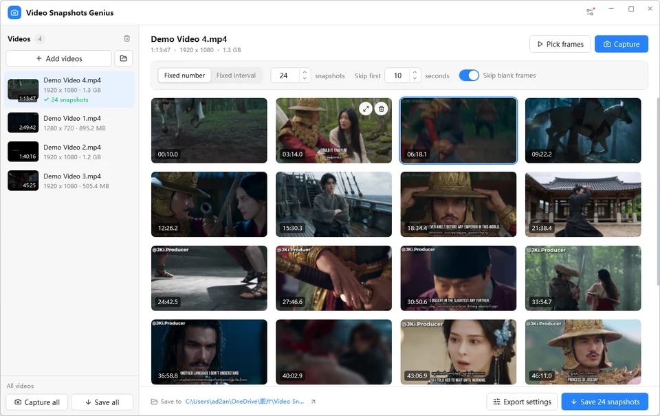Video Snapshots Genius main window: four videos in the list on the left and 24 evenly spaced snapshots of the selected video, each with its time
