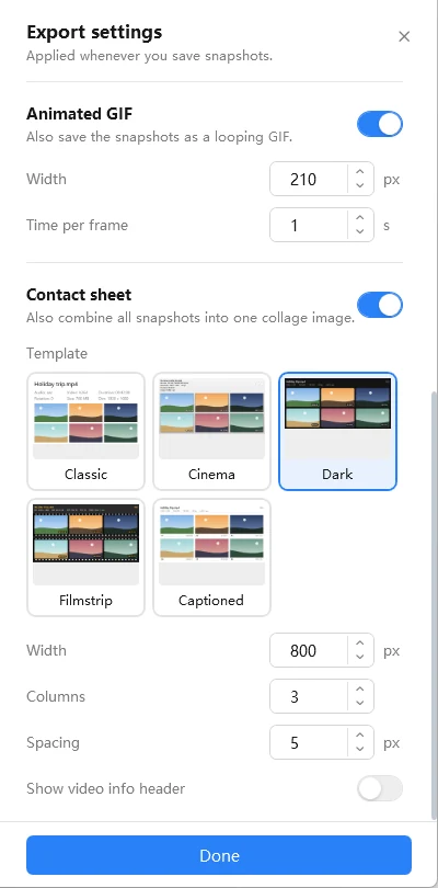 Video Snapshots Genius Export settings with the five contact sheet templates Classic, Cinema, Dark, Filmstrip and Captioned as miniatures, plus width, columns and spacing